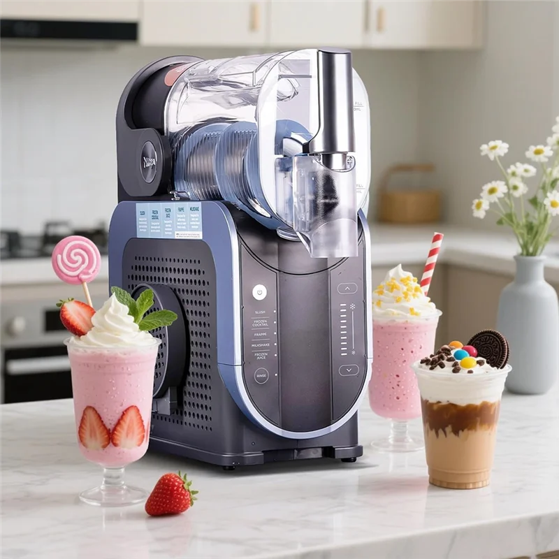 Blue and grey slushie machine with a clear mixing chamber, surrounded by three colourful, decorated dessert drinks.
