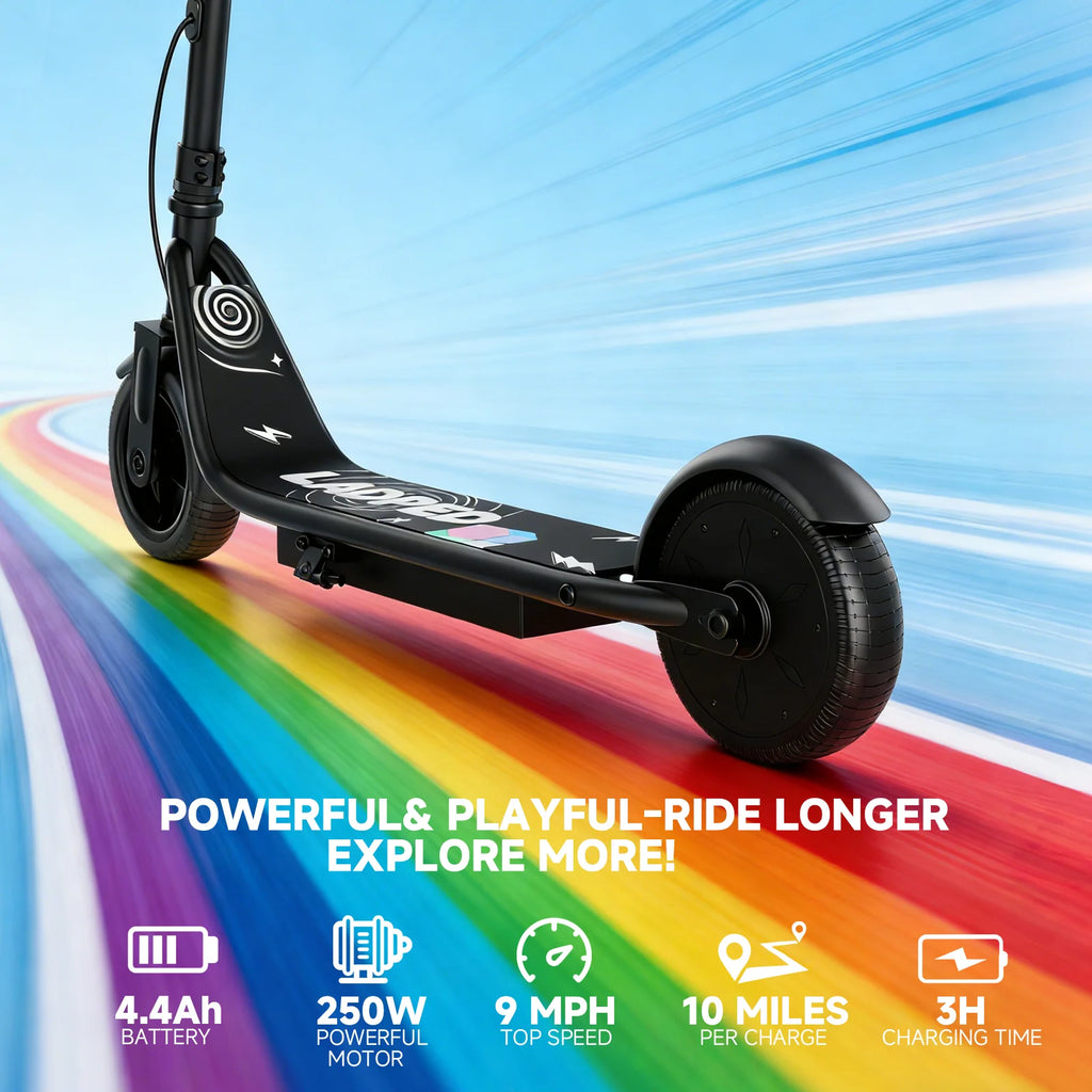 Black Ladped electric children's scooter with 8.5-inch tires, deck graphics, and text overlays.