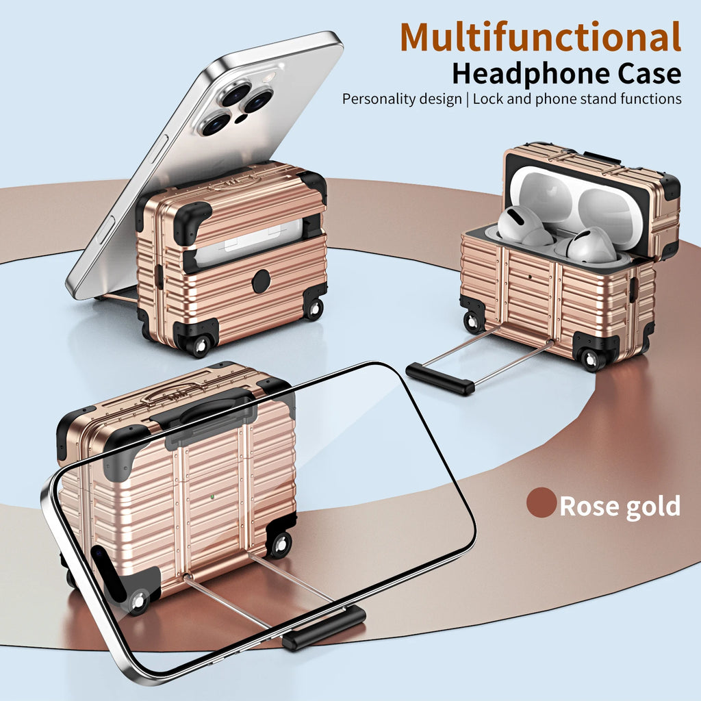 Rose gold hard-shell suitcase-style case for AirPods Pro, featuring a built-in phone stand and luggage handle design.