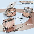 Rose gold hard-shell suitcase-style case for AirPods Pro, featuring a built-in phone stand and luggage handle design.