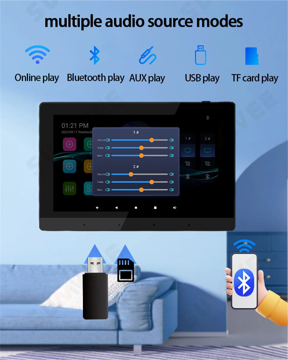 Black 7-inch wall-mounted Android amplifier screen displaying audio settings, supporting Bluetooth, USB, and card playback.