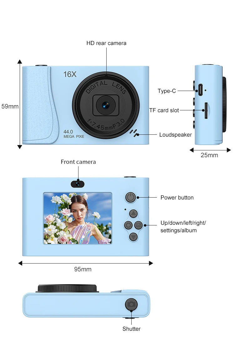 Light blue plastic digital camera with front and rear lenses, screen, shutter button, and Type-C and TF card ports.
