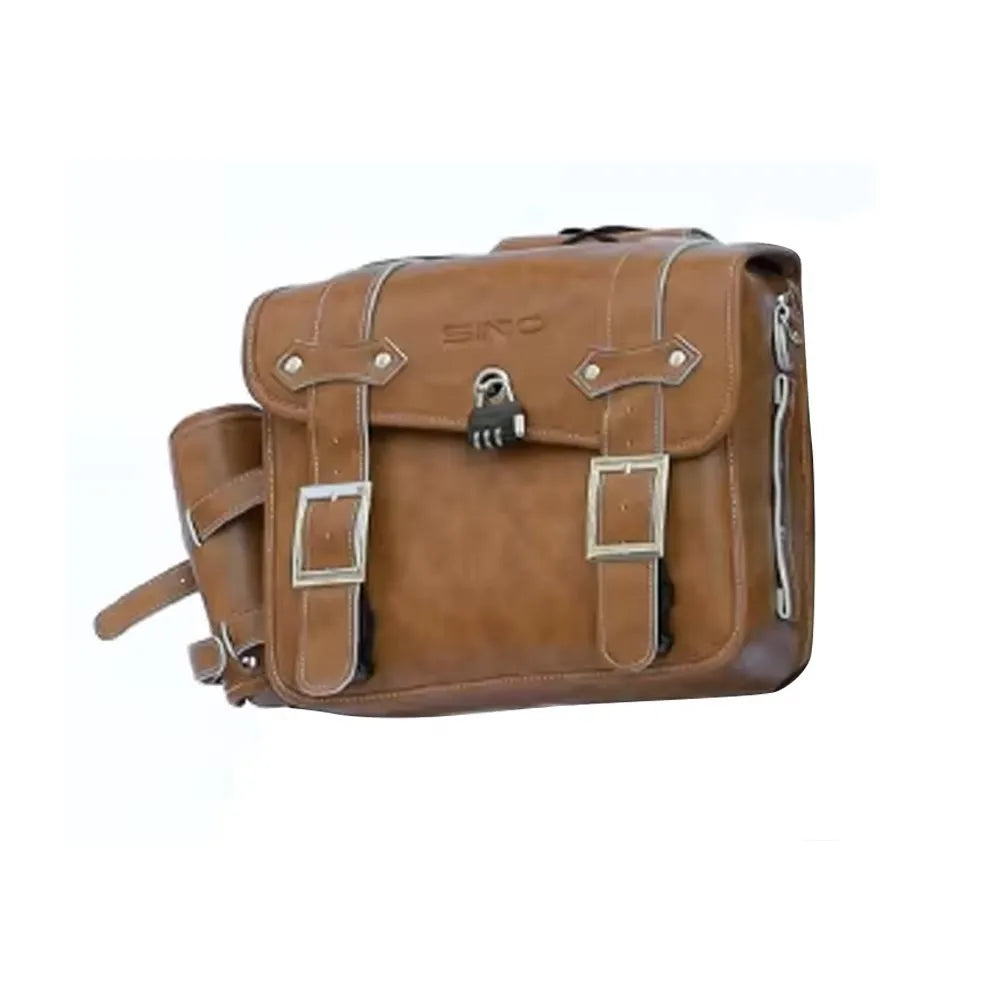 Brown leather-look e-bike pannier bag with dual buckle straps and a built-in combination lock.