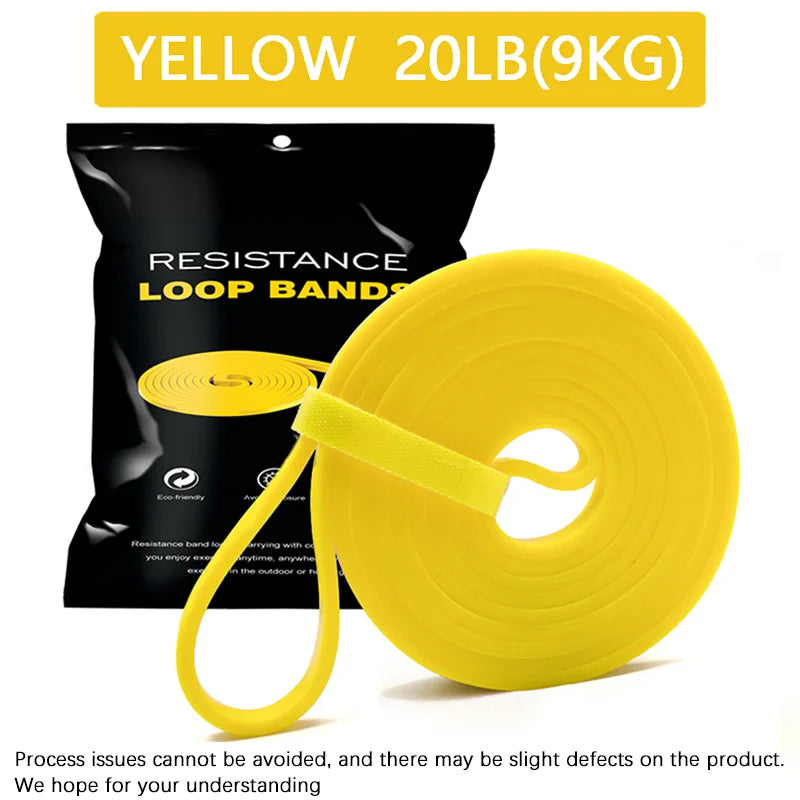 A bright yellow, 20lb resistance loop band coiled in front of its black storage pouch.