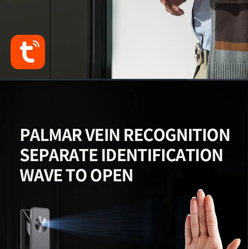 Black metal smart lock with palmar vein recognition technology that scans a hand to unlock the door.