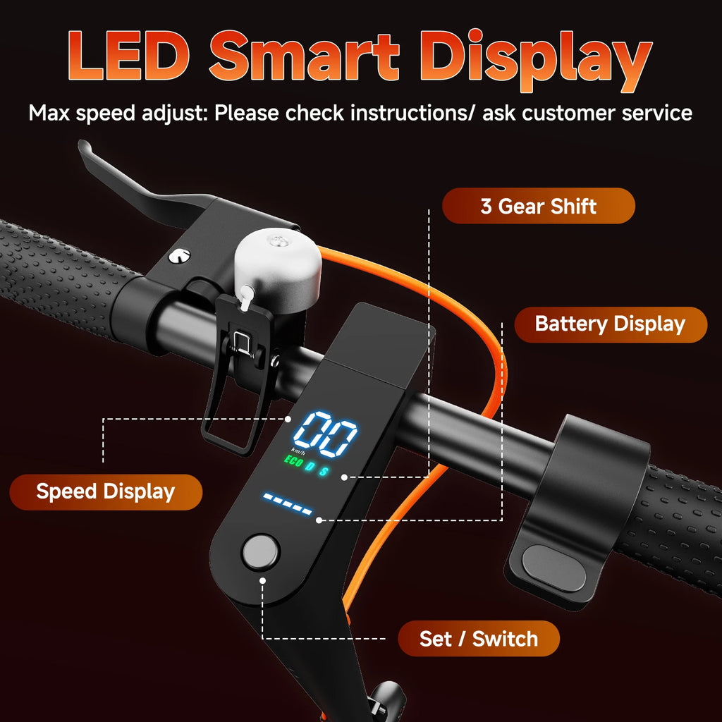Black electric scooter handlebar with digital LED speed and battery display, bell, brake, and throttle.