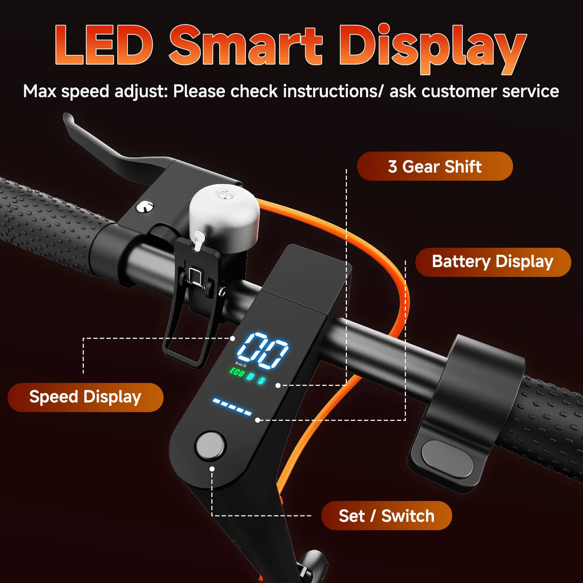 Black electric scooter handlebar with digital LED speed and battery display, bell, brake, and throttle.