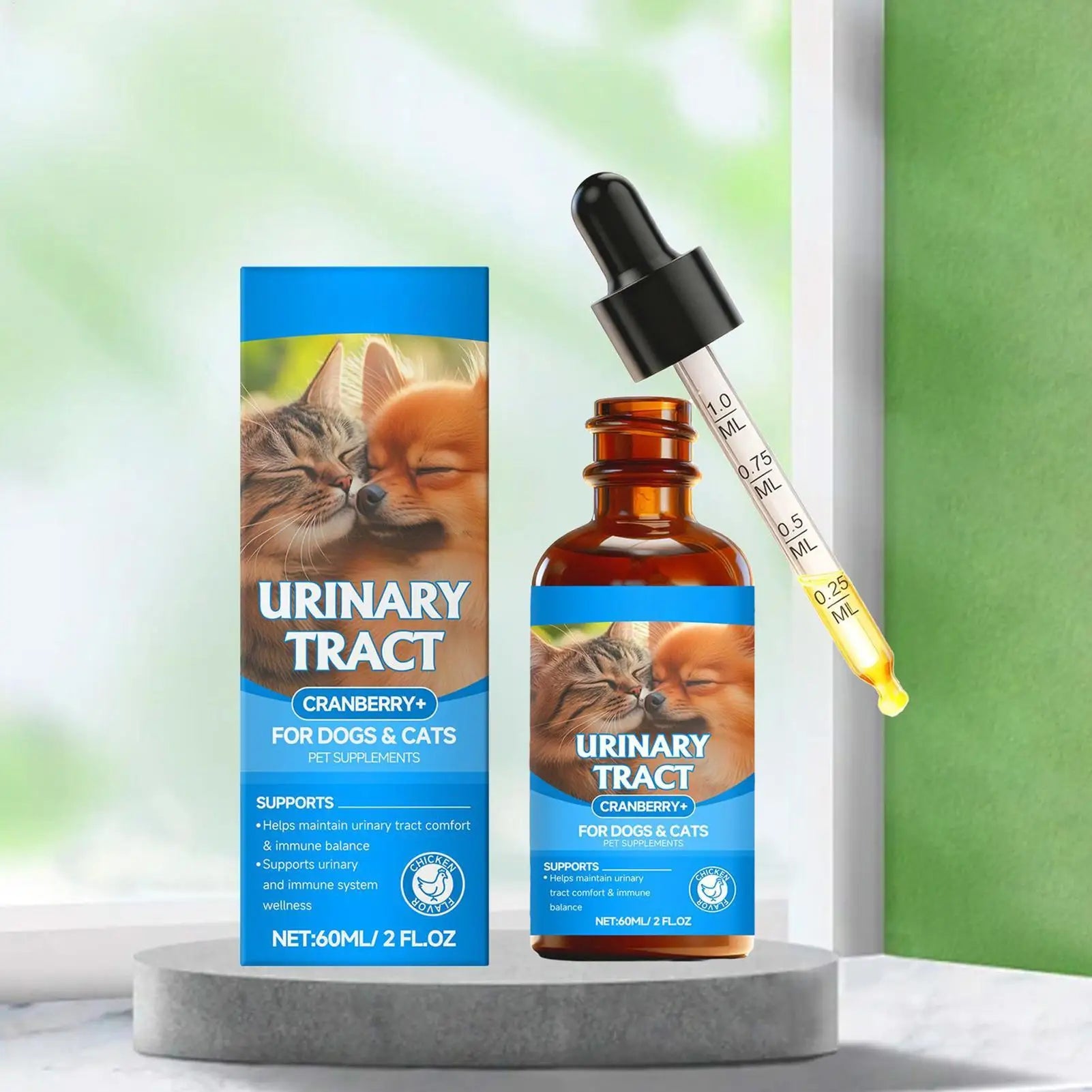 Cranberry urinary tract supplement for dogs and cats in a 60ml amber glass bottle with a graduated dropper and box.