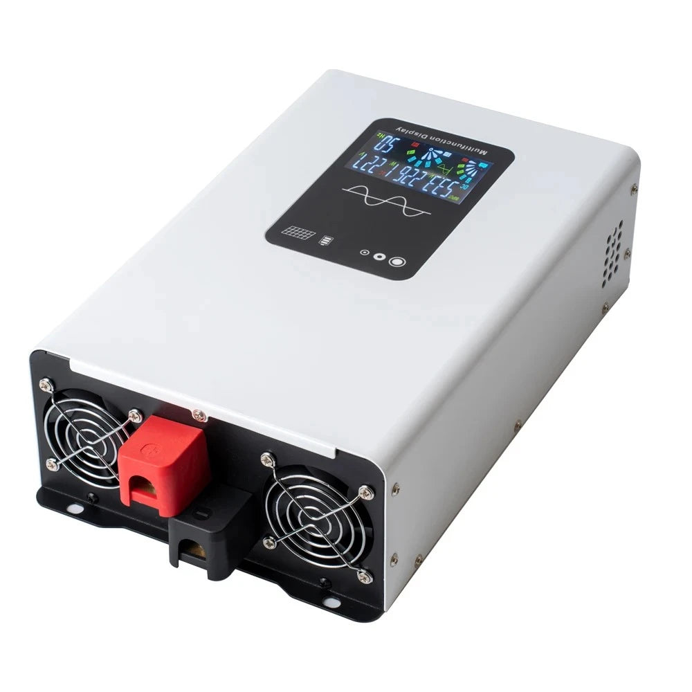 White pure sine wave power inverter with a digital display, cooling fans, and red/black terminal covers.