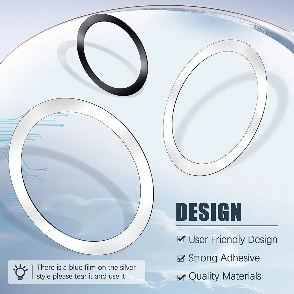 Three circular adhesive rings in black and metallic silver, shown against a light blue background with design notes.