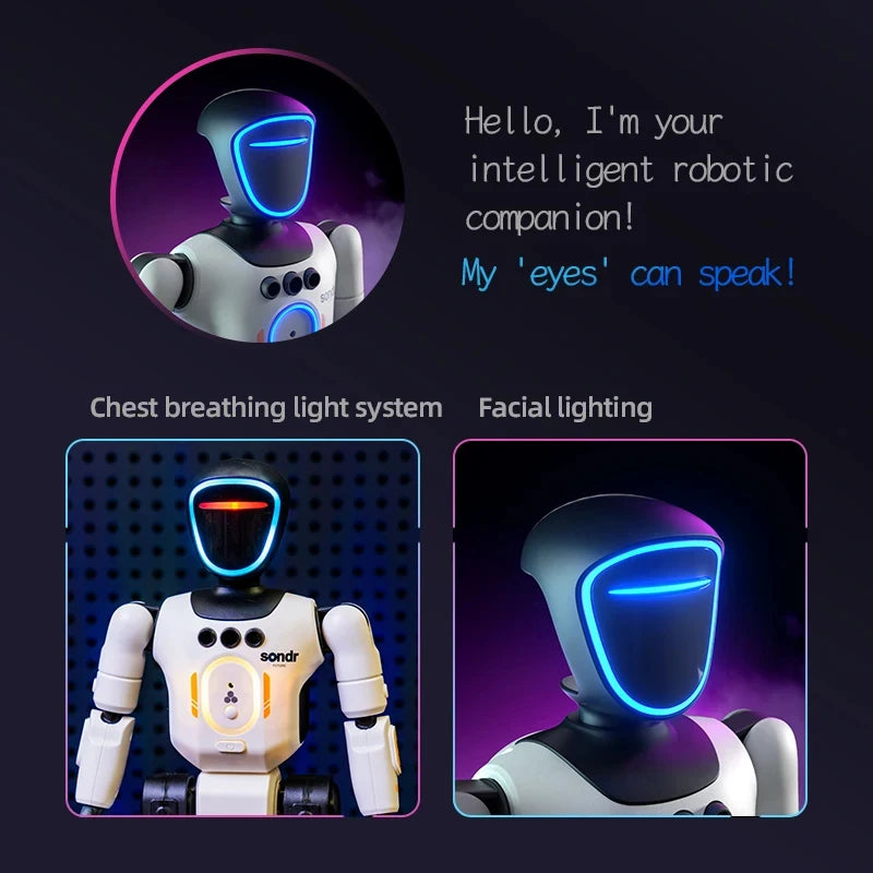 Infographic showing a white and black humanoid robot with blue and orange facial and chest lights.