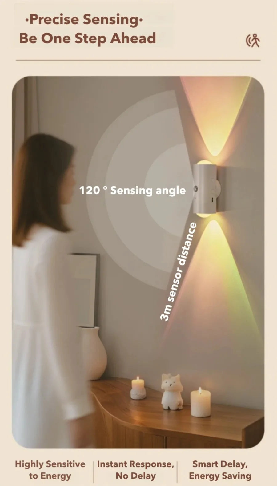 Sleek white motion-sensor LED wall light casting colourful RGB beams with a 120-degree, 3-metre sensing range.