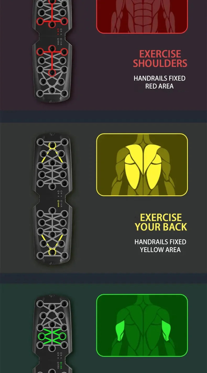 A foldable black push-up board with red, yellow, and green colour-coded slots for targeting different muscle groups.