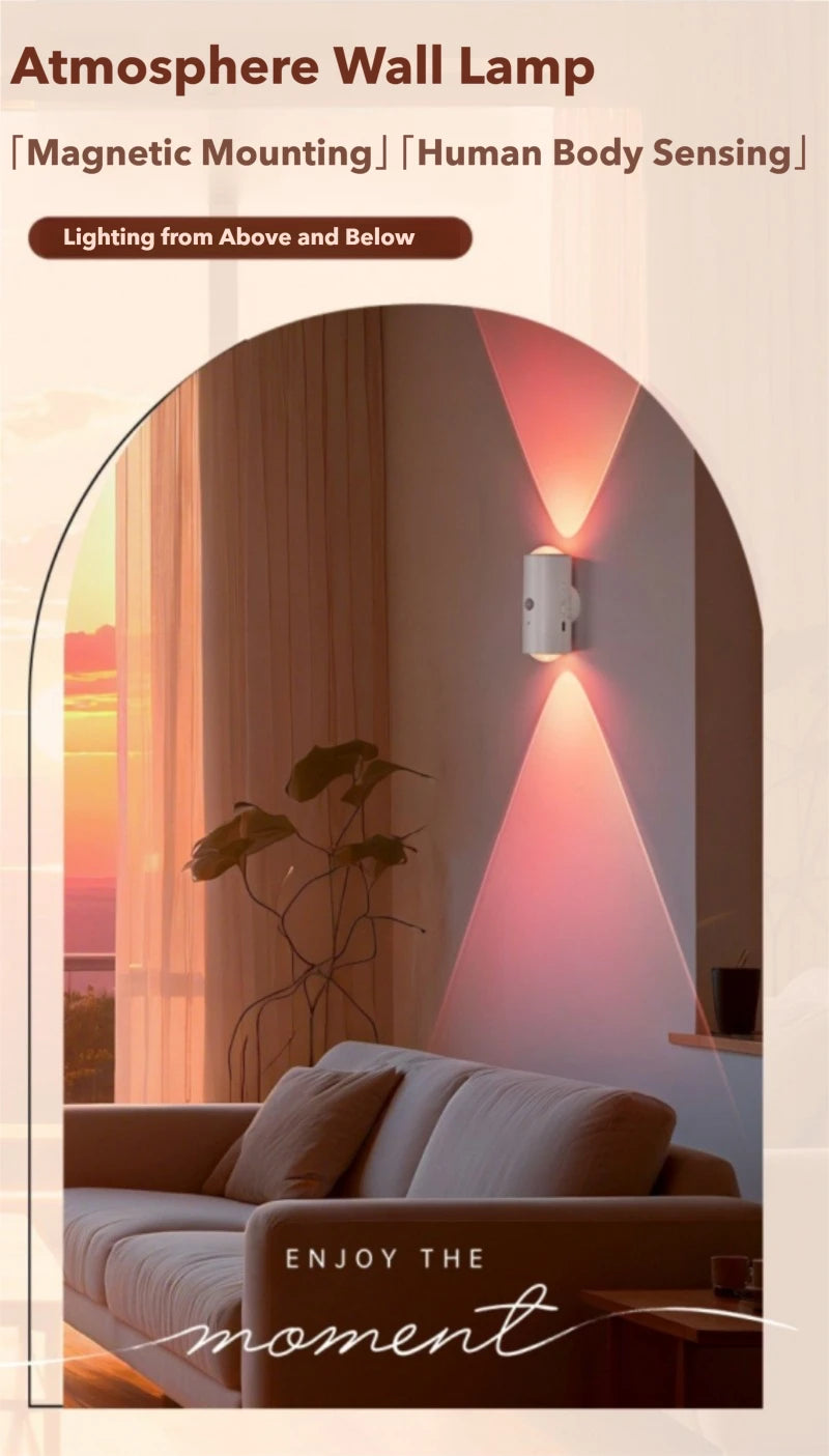 White cylindrical LED wall lamp mounted indoors, casting vibrant dual-beam RGB light upwards and downwards.
