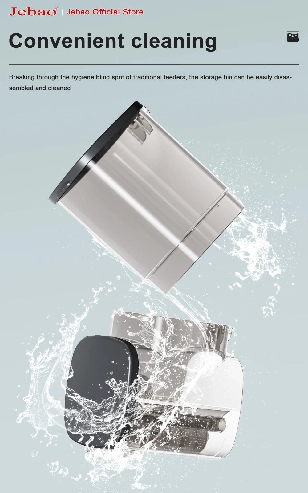 A transparent plastic pet food storage container and base, disassembled for cleaning, surrounded by water splashes.