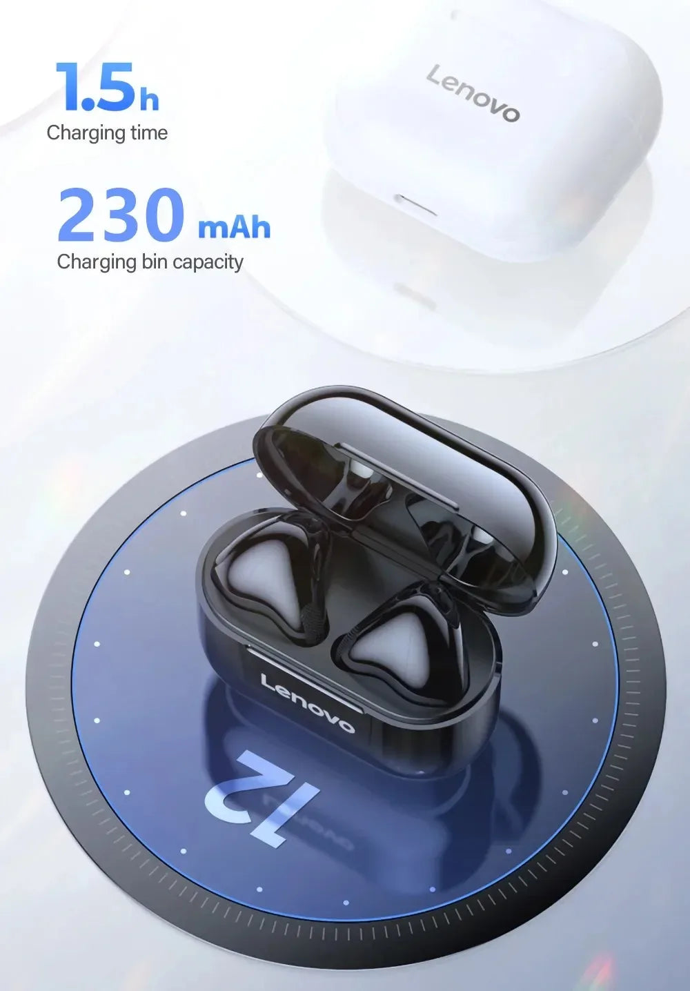 Black and white wireless earbuds in open charging cases on a circular display, with battery specifications listed.