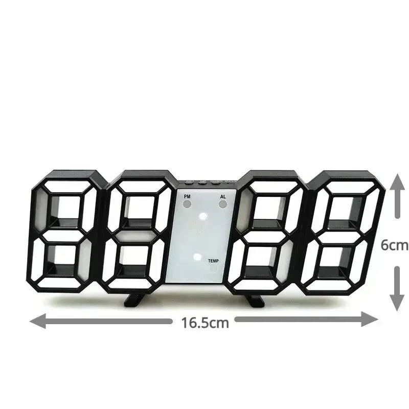 Modern black 3D LED digital alarm clock with temperature display, measuring 16.5cm wide and 6cm high.