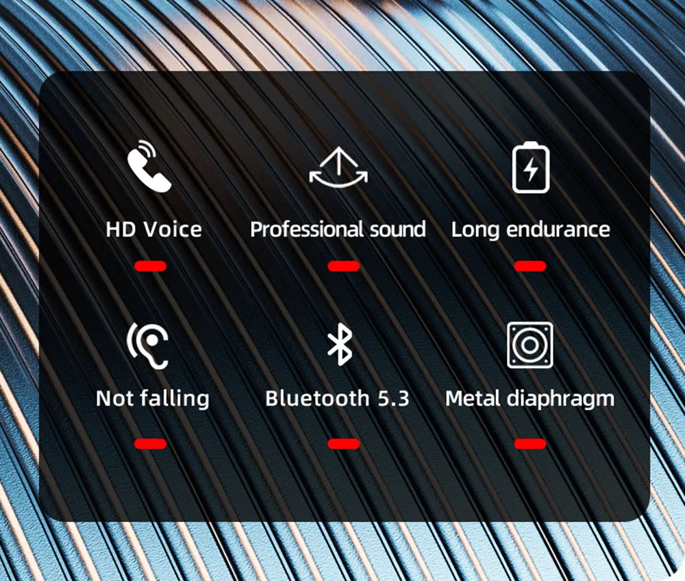 Information graphic showing six audio features icons over a ribbed, metallic blue and bronze background.
