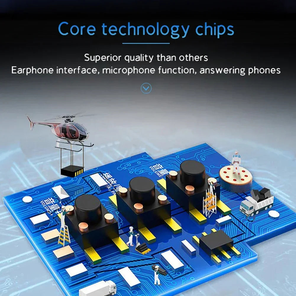 Blue electronic circuit board with black components, illustrating microphone and earphone technology chips.