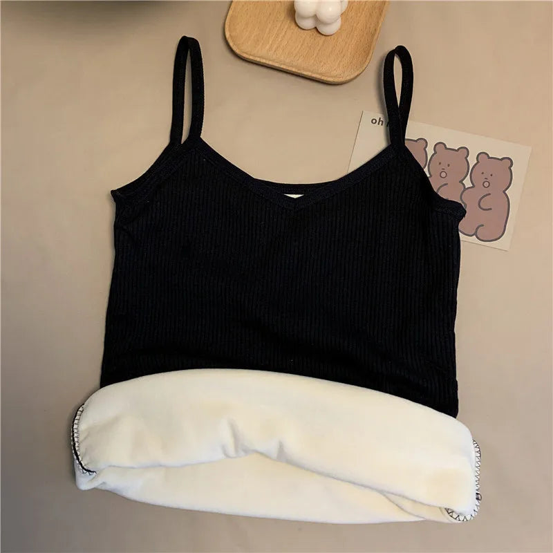 Black ribbed camisole with a V-neck, spaghetti straps, and a soft, fleece-lined interior for extra warmth.