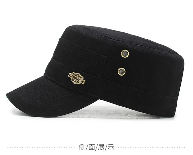 Unisex black cotton military-style cadet cap with a flat top, short peak, and decorative gold side vents.
