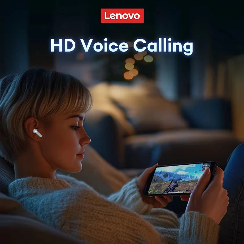 A woman in a cream sweater uses white wireless earbuds while playing a mobile game in a dimly lit room.