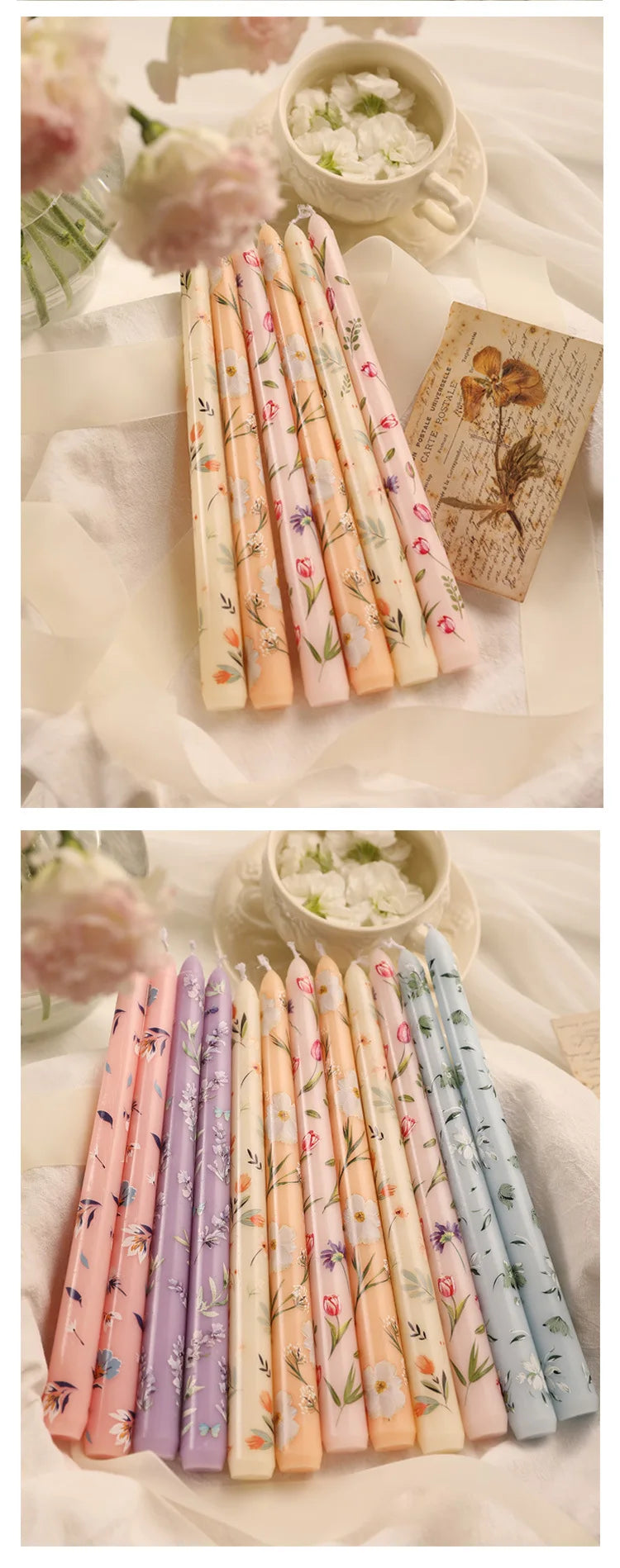 Set of elegant tapered candles in pastel shades featuring delicate floral prints, styled with flowers and ribbon.