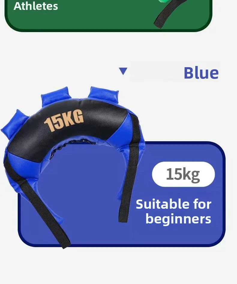 Blue and black 15kg weighted Bulgarian training bag with integrated heavy-duty handles for home fitness exercises.