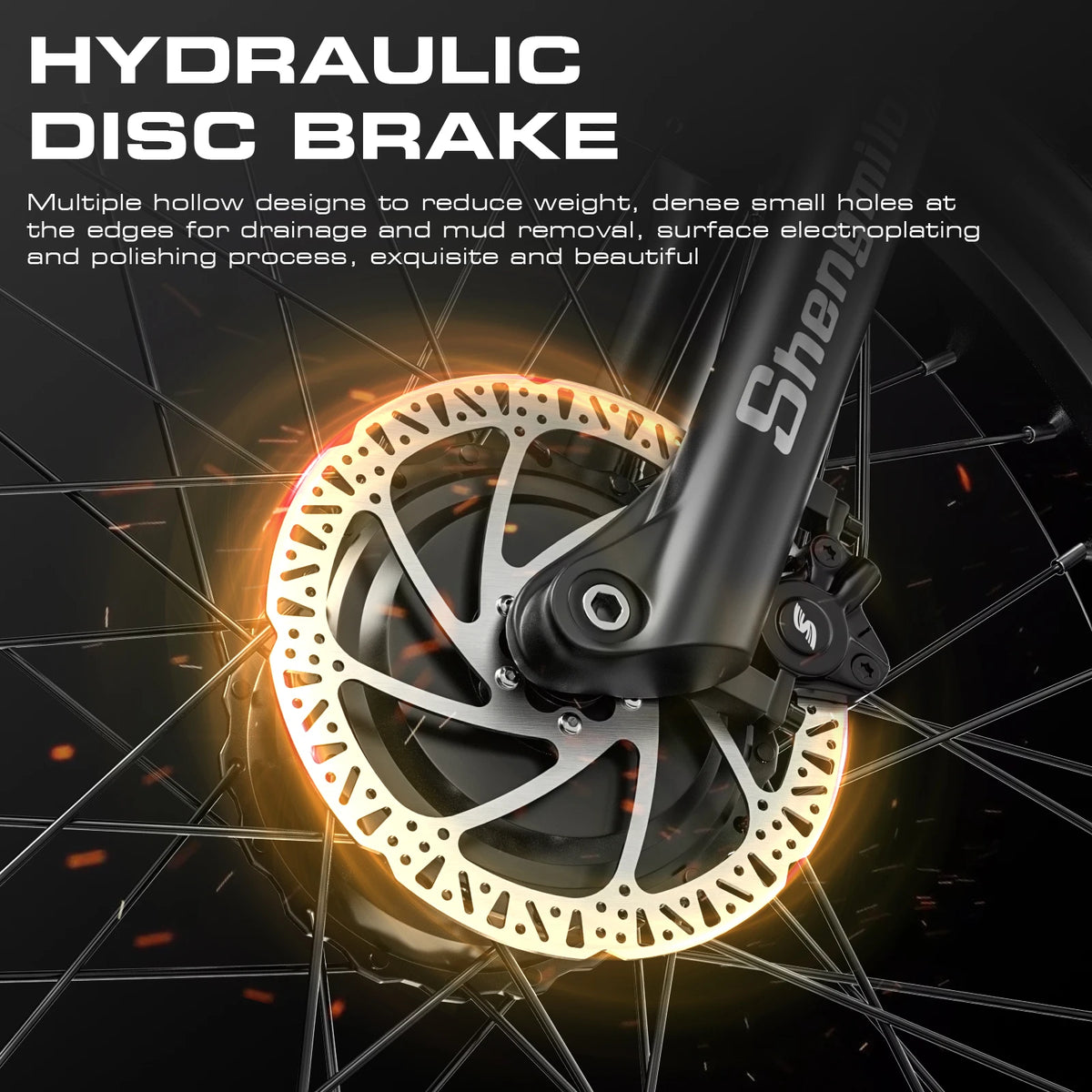 Black Shengmilo electric bike hydraulic disc brake with a vented silver rotor attached to spoked wheel.