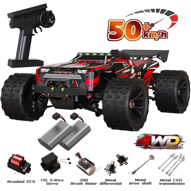 Red and black 1:16 RC monster truck with rugged tires, remote control, two batteries, and replacement parts.