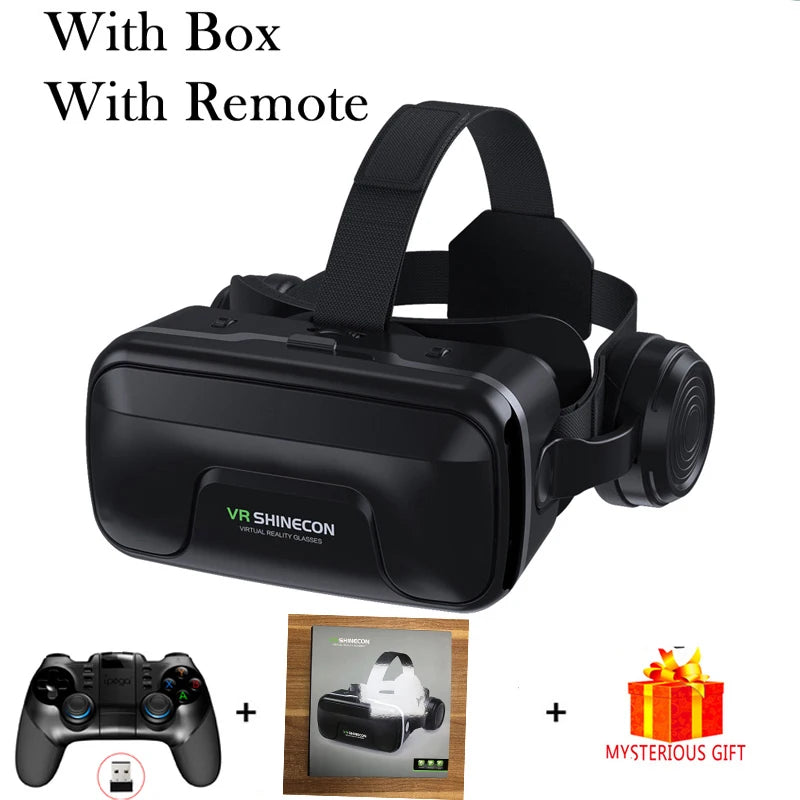 Black virtual reality headset with integrated headphones, a game controller, and packaging box.