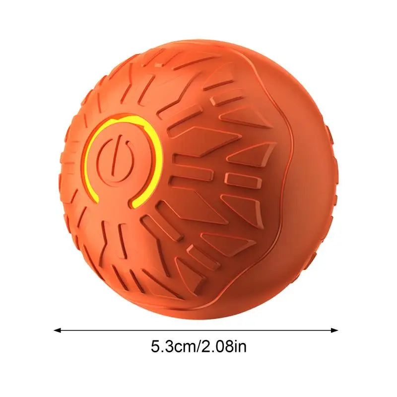 Orange, textured automatic interactive dog toy ball, 5.3cm in diameter, featuring a central power button.