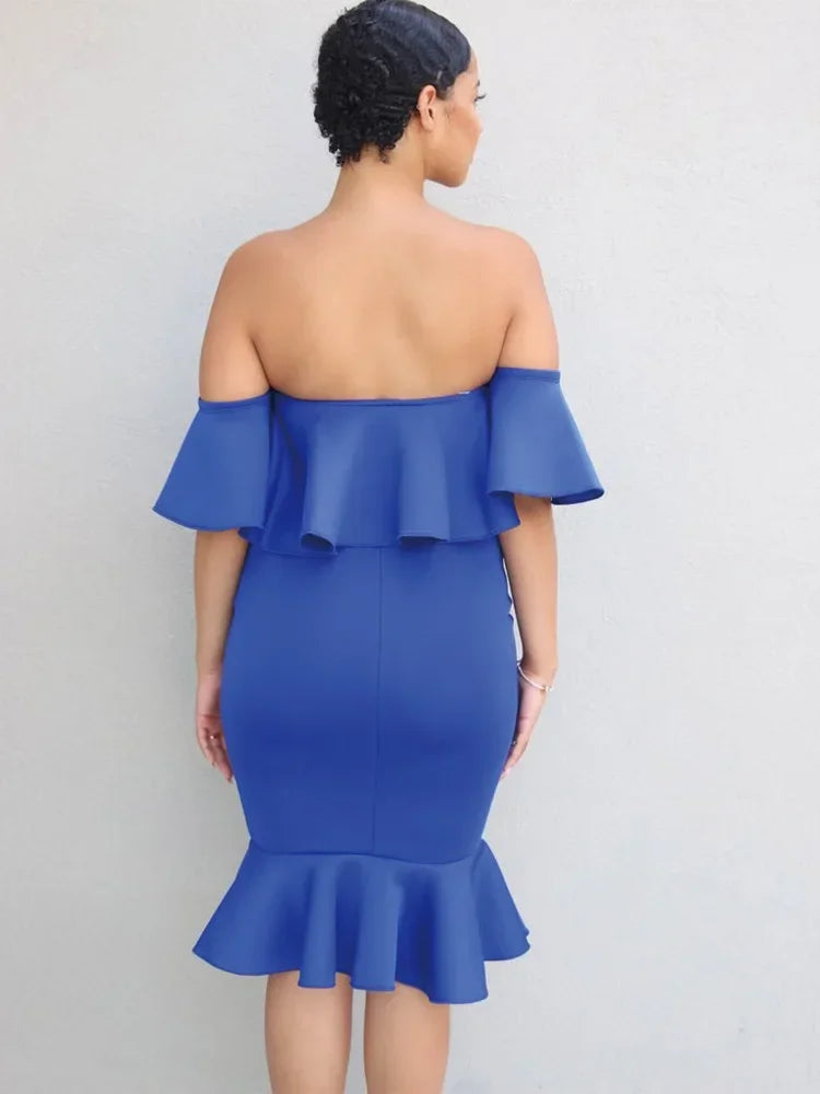 Royal blue, off-the-shoulder midi dress featuring ruffle trim details on the sleeves and a flared, ruffled hem.