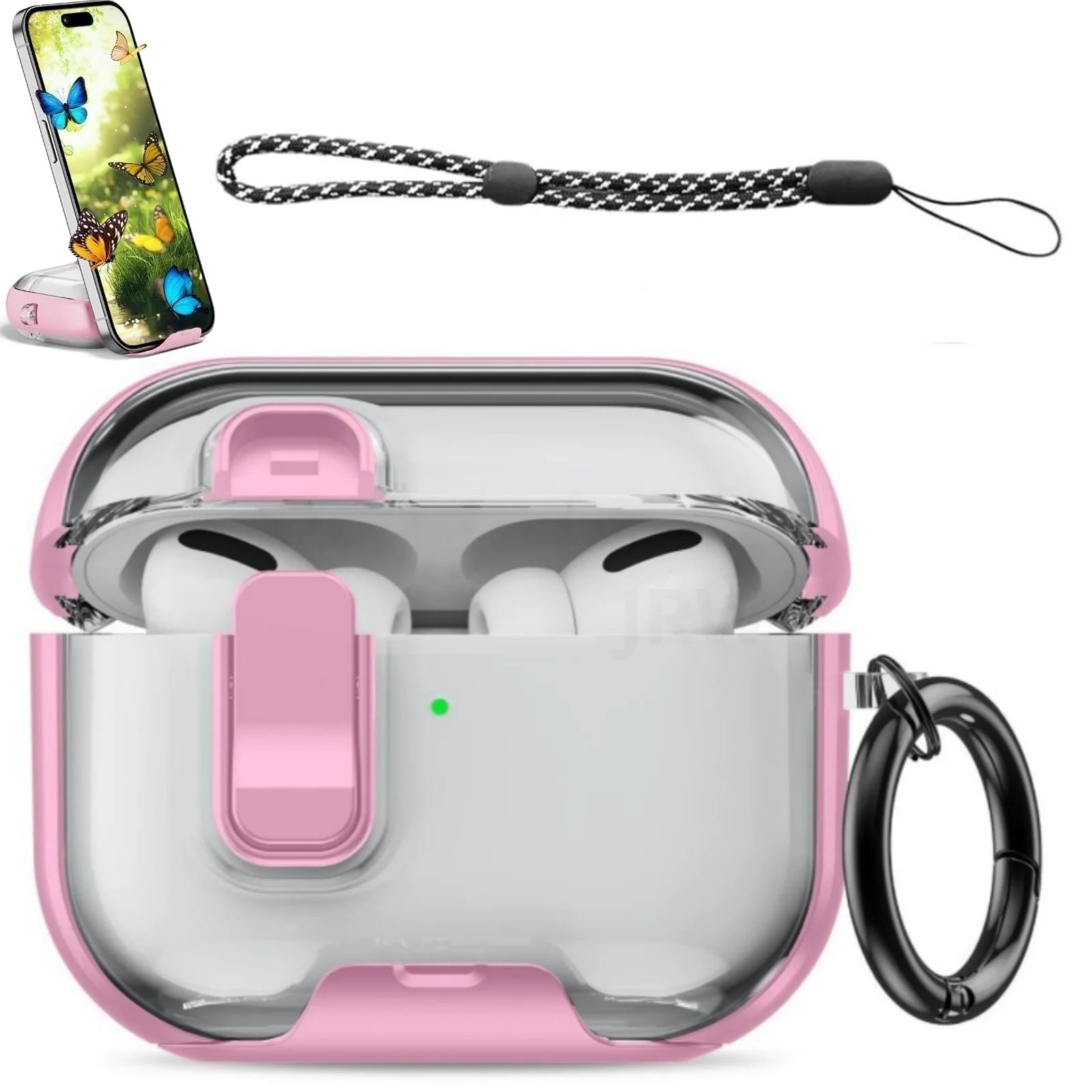Clear and pink protective AirPods Pro case with locking clip, matching lanyard, and black carabiner.