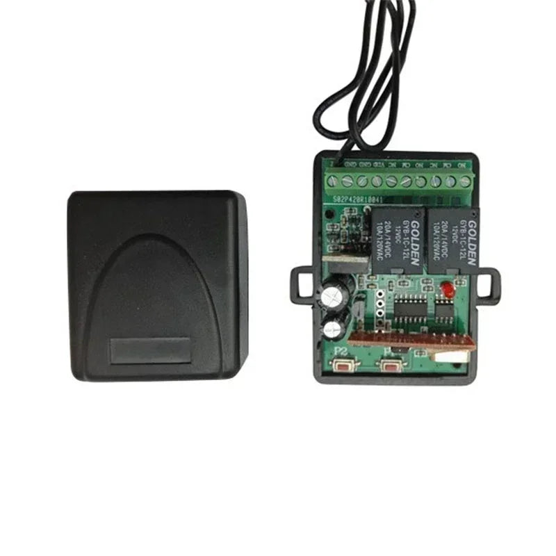 Black plastic housing for a green electronic circuit board with two Golden relays and screw terminal connectors.