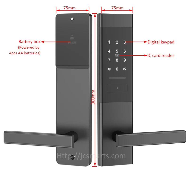 Black smart door lock with digital keypad, IC card reader, battery box, and handle lever. Dimensions shown.