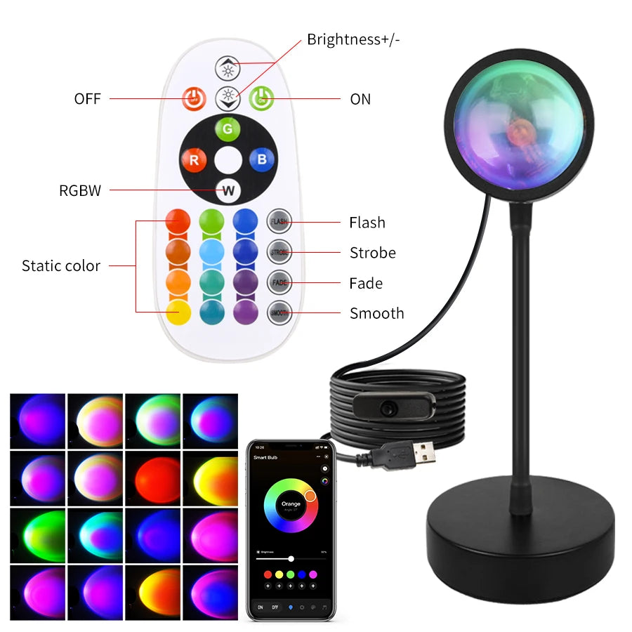 Smart LED sunset projection lamp with remote control, app connectivity, and multiple vibrant colour settings.