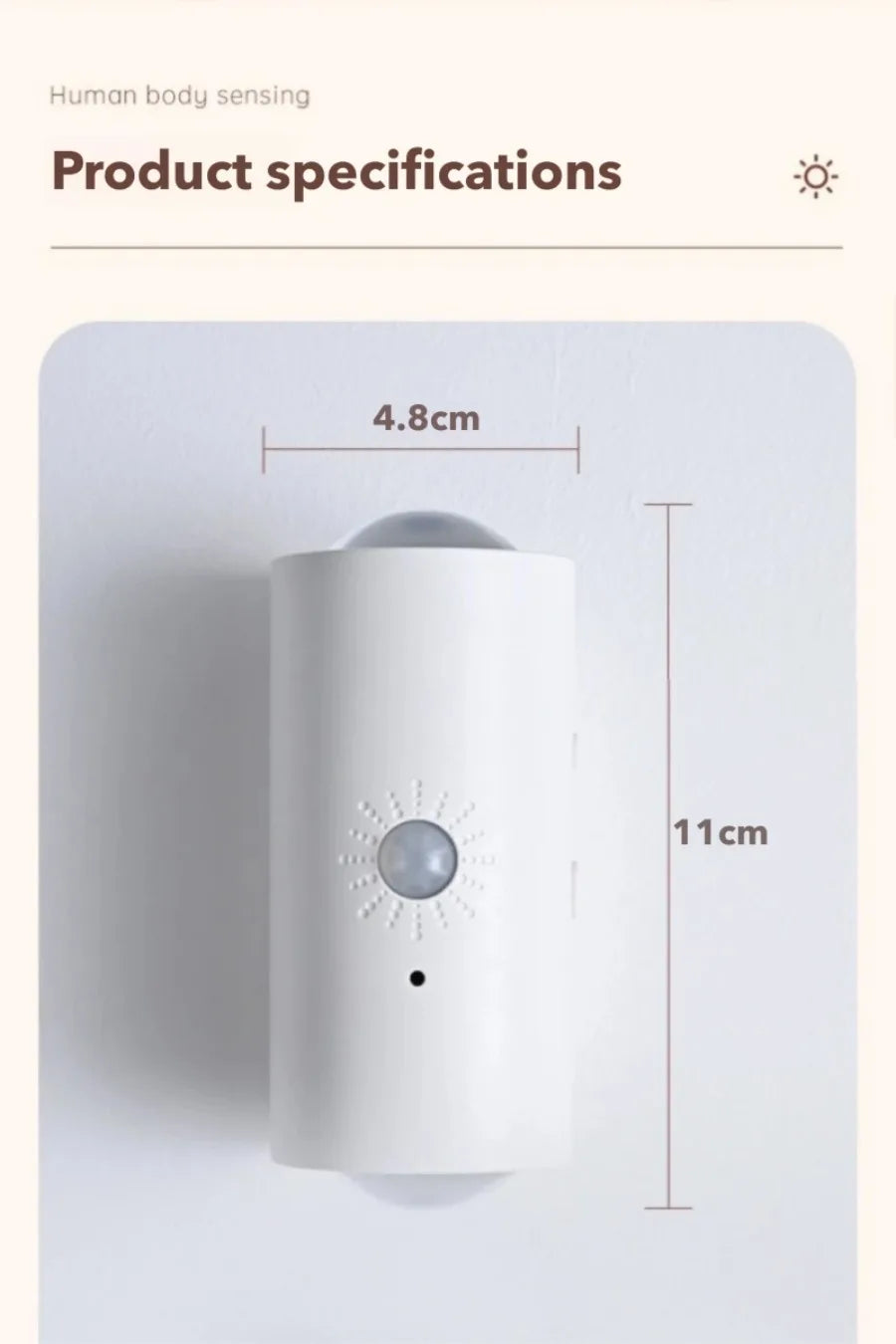 White, cylindrical smart RGB motion sensor LED light, measuring 4.8cm wide by 11cm high, displayed on a light background.