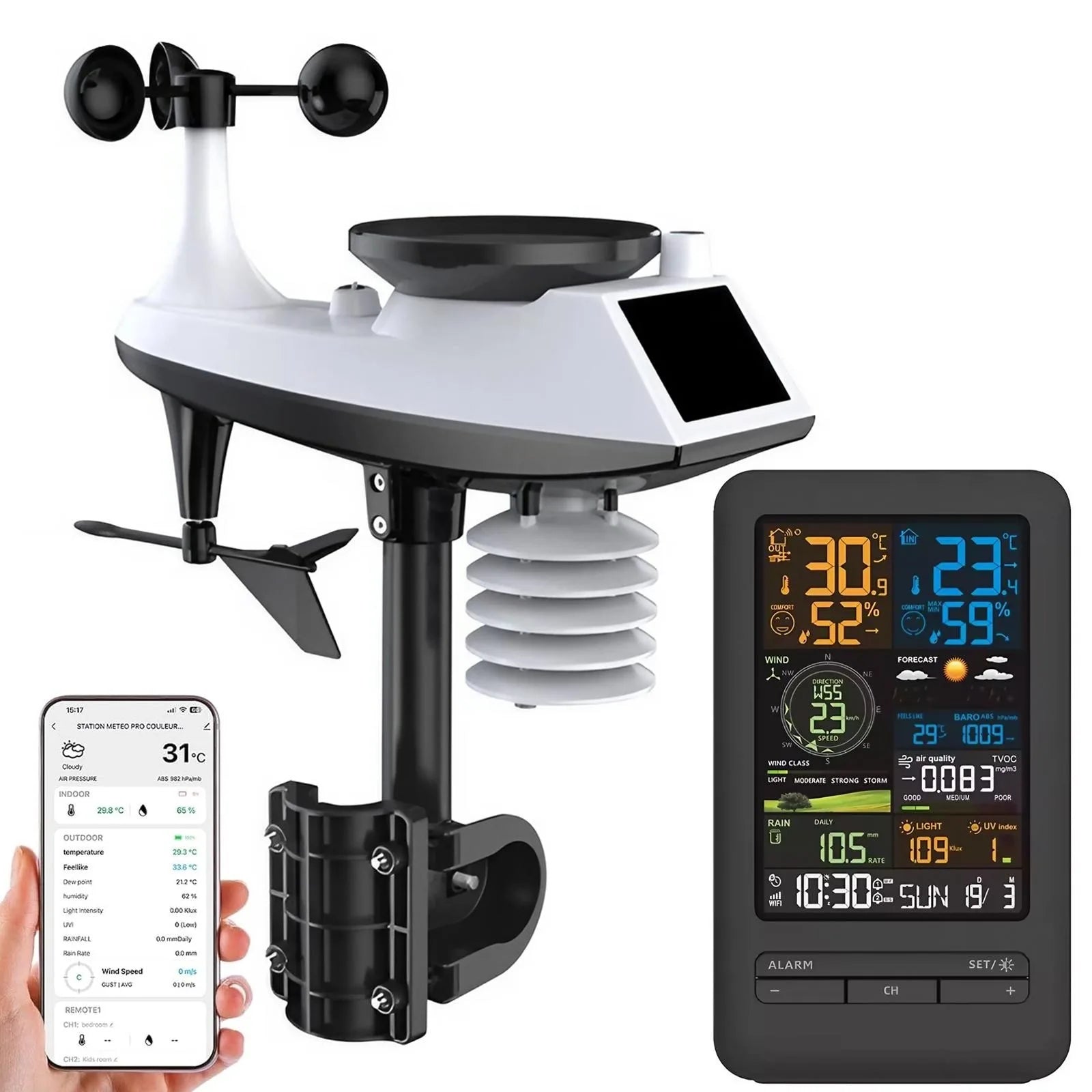 Smart weather station with white outdoor sensor unit and black digital display showing temperature and humidity data.