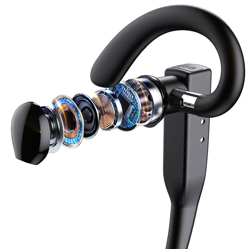 Black wireless ear hook headphone with an exploded view revealing the internal speaker and audio technology components.