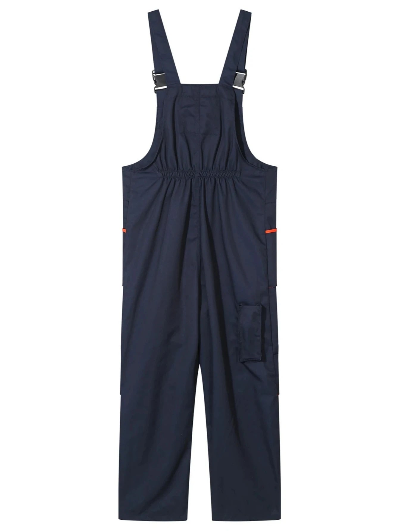 Navy blue work bib overalls featuring adjustable buckle straps, an elasticated back waist, and multiple utility pockets.