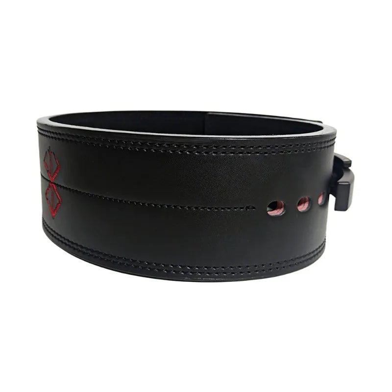 Thick black lifting belt with black stitching, red embroidery on one side, and three visible holes near the black buckle.