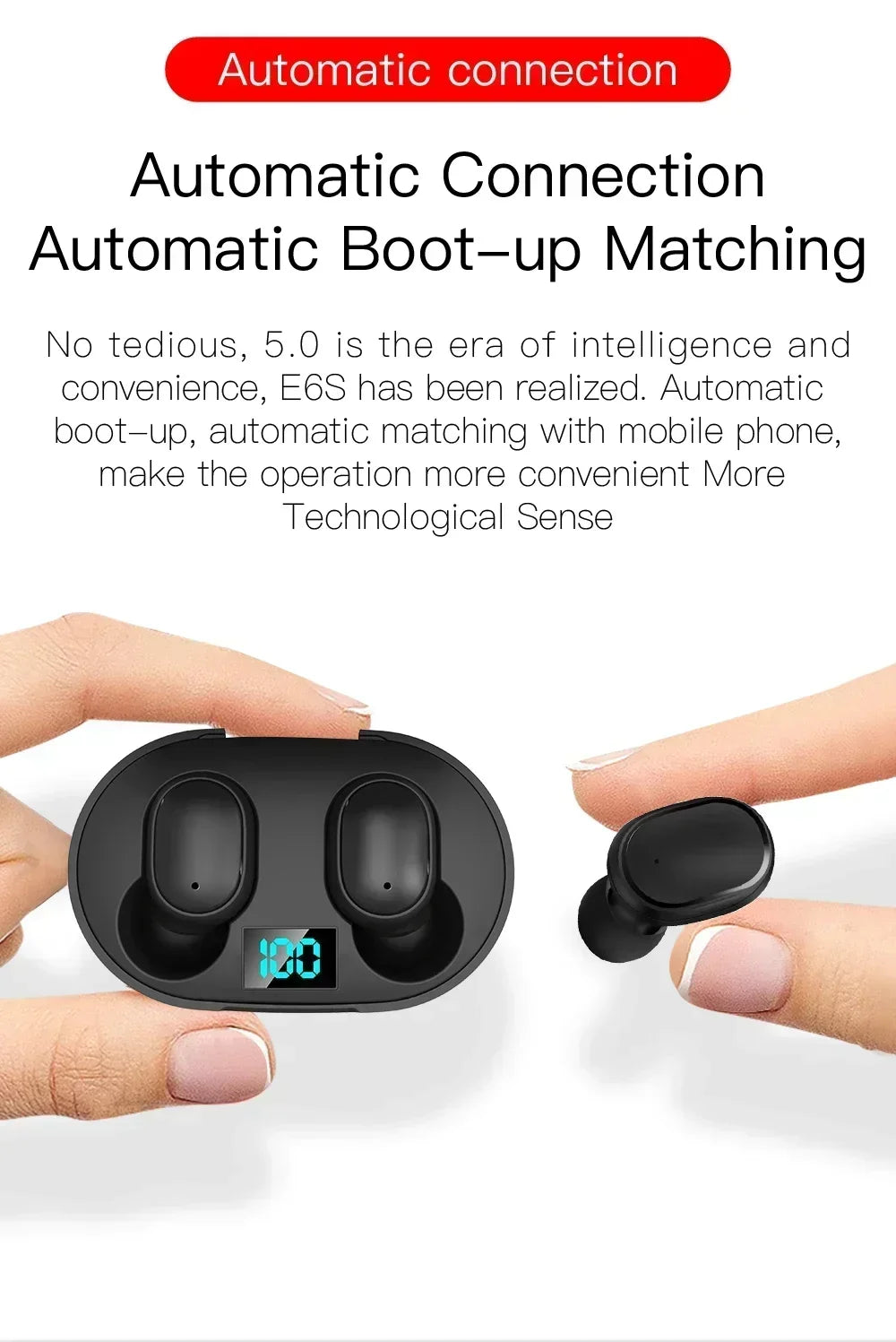 Black wireless earbuds with a charging case featuring a digital battery display, held in hands.