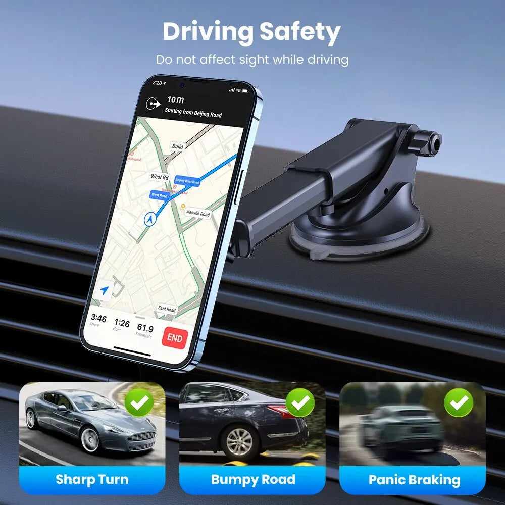 A black, adjustable car dashboard phone mount holding a smartphone with a GPS navigation map displayed.
