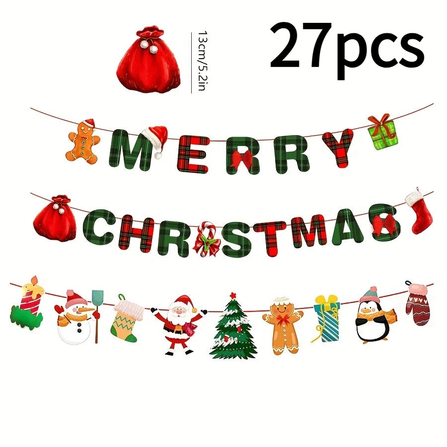27-piece Christmas banner set featuring 'Merry Christmas' in red and green tartan, plus festive character garlands.