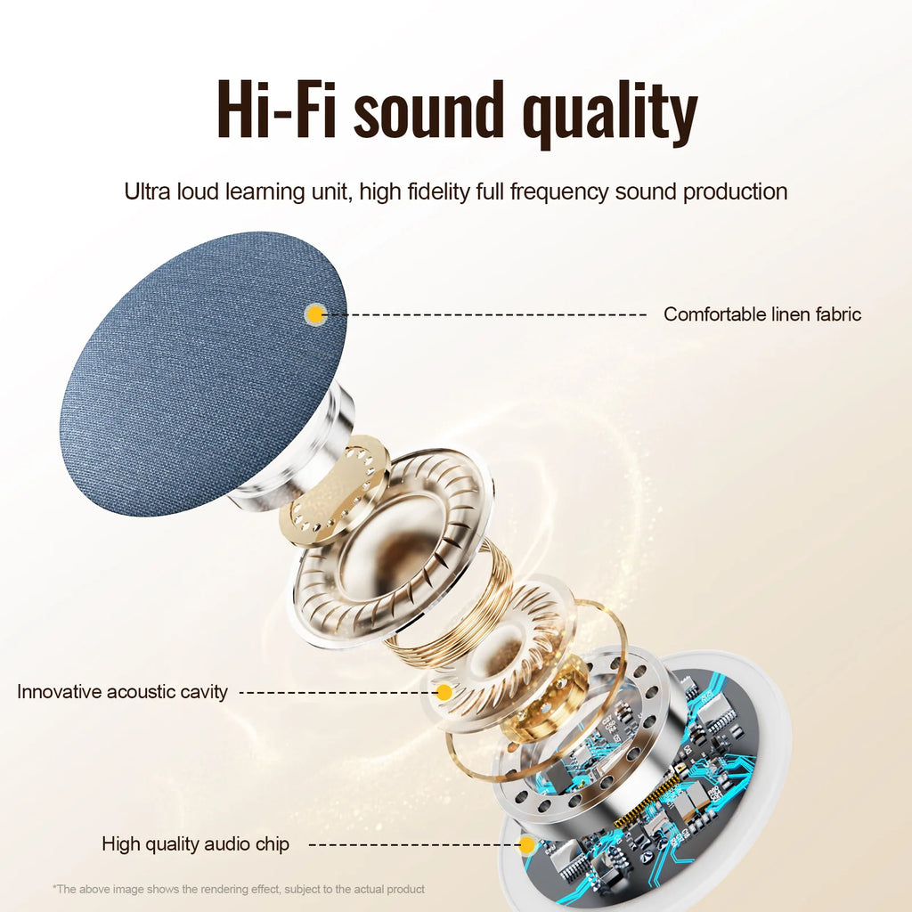 Exploded view of a blue linen wireless pillow speaker, highlighting its acoustic cavity and high-quality audio chip.