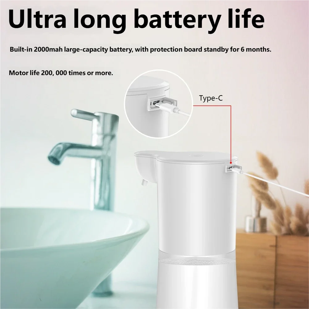 White, 350ml touchless foam soap dispenser with a rechargeable Type-C battery, shown in a modern bathroom setting.