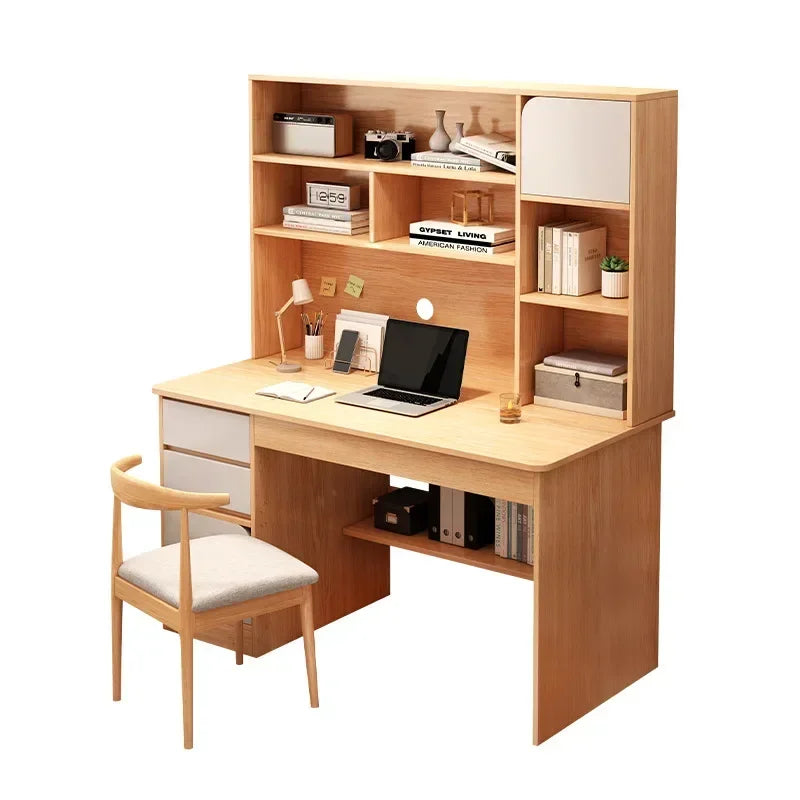 Light wood desk with hutch, hutch shelves, a closed cabinet, drawers, and a matching padded chair.