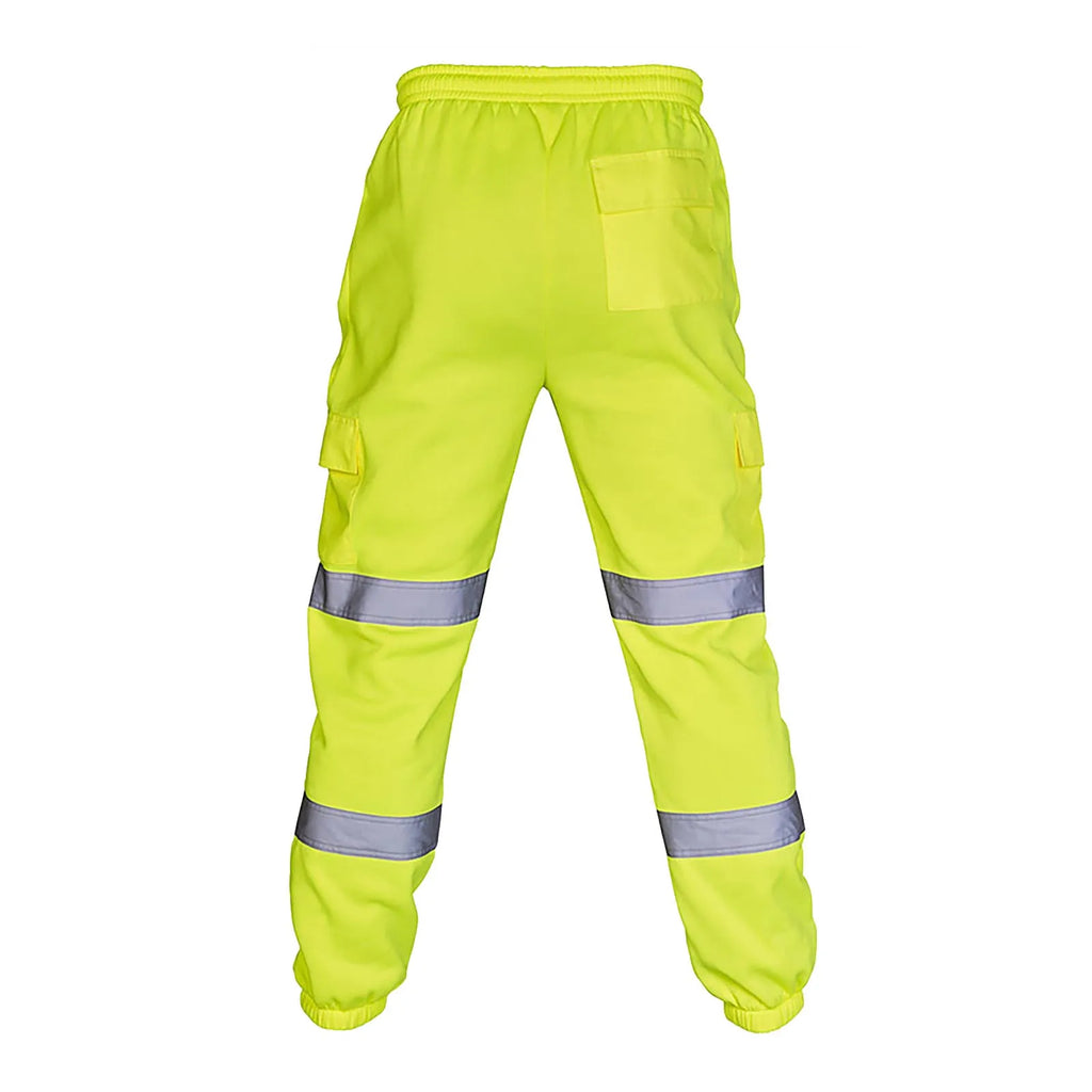 High-vis yellow work trousers with an elasticated waist, cargo pockets, and two reflective bands around each leg.