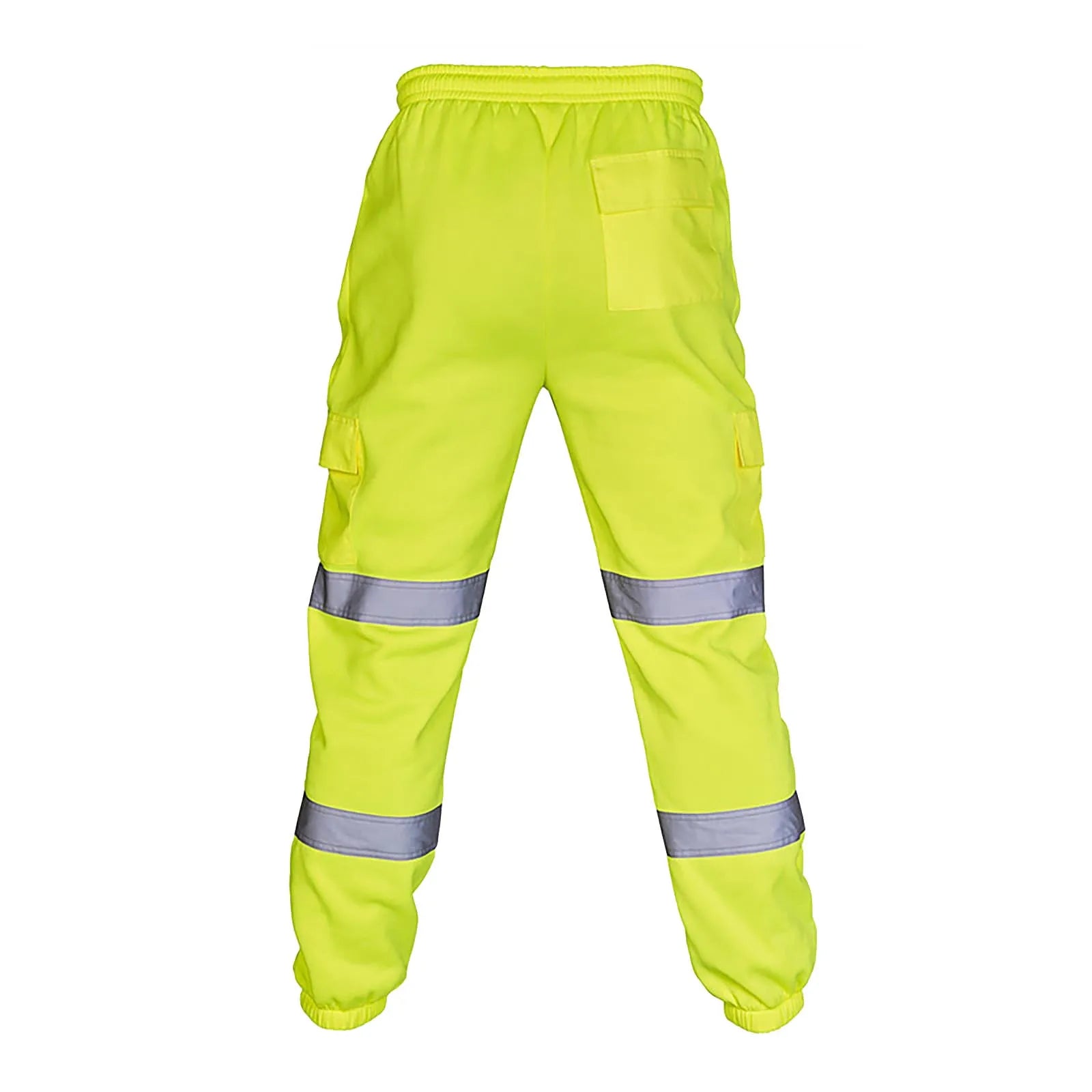 High-vis yellow work trousers with an elasticated waist, cargo pockets, and two reflective bands around each leg.